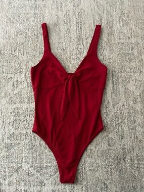 Red Ribbed Knot-Front Bodysuit